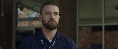 Palmer movie review photo f Justin Timberlake as Palmer standing outside school